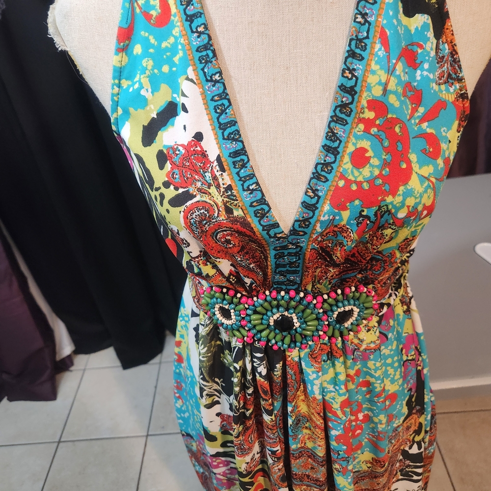 ECI Medallion Beaded Bodice Abstract Print Flowy Festival Maxi Sz 12 - Picture 15 of 16